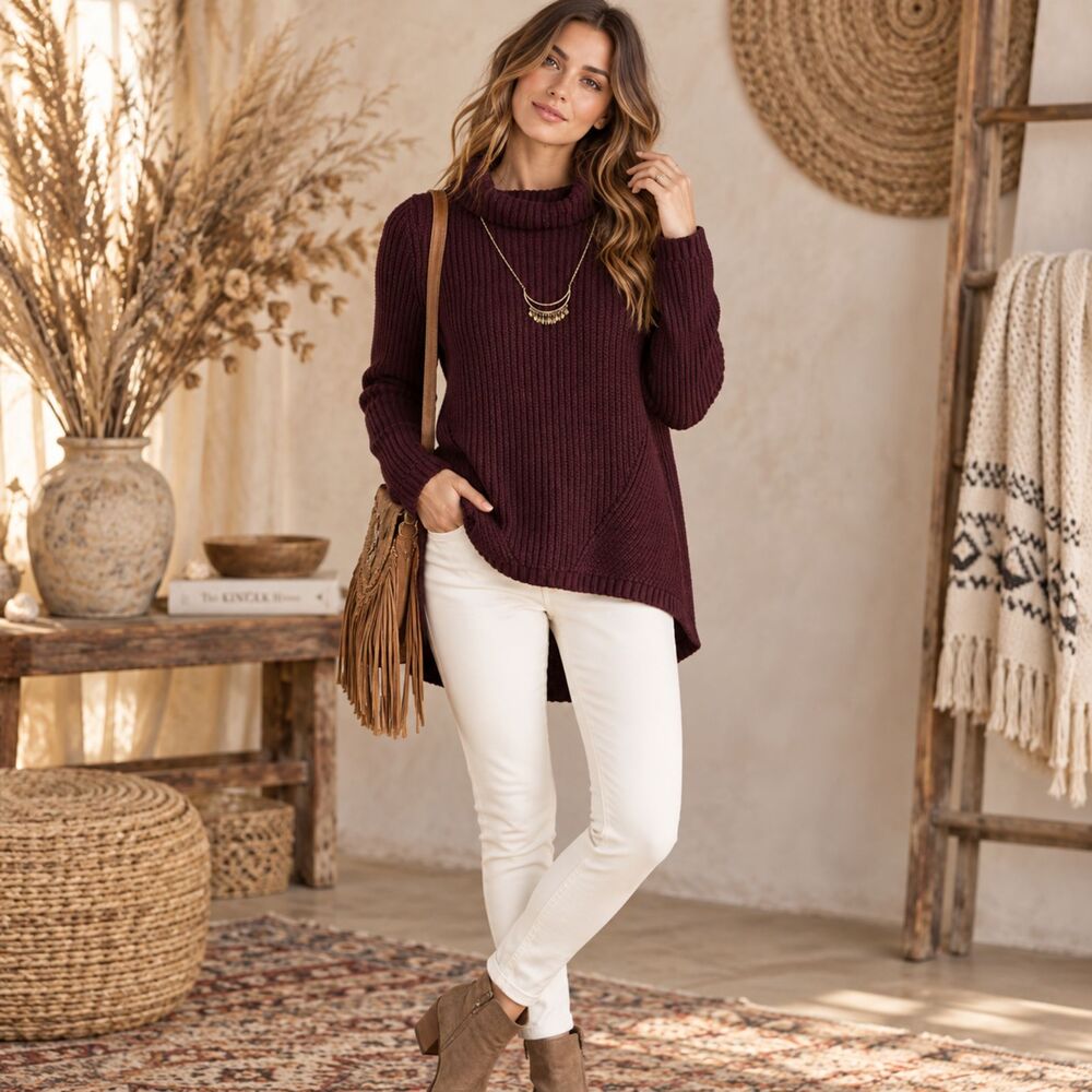 Anthropologie Moth Sweater Cowl Neck High-Low Eggplant Size XS